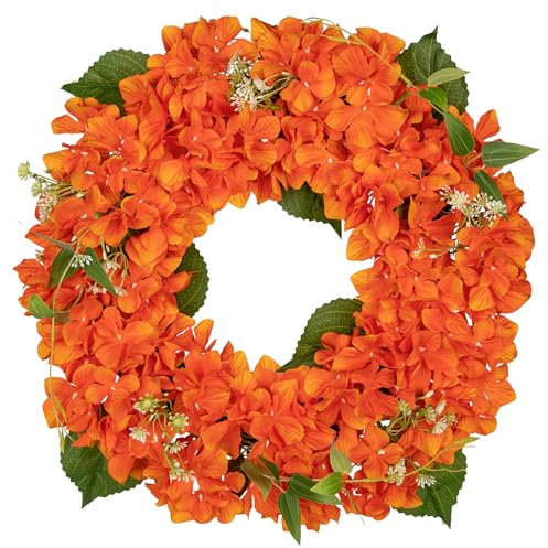 Hollyone 16'' Artificial Hydrangea Wreath - Orange Fake Flower Wreath, Faux Hydrangeas for Front Door, Floral Arrangements for Mantel, Kitchen, Farmhouse, Wall Decor