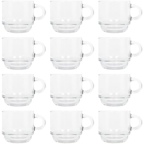LAV 12x Clear 90ml Cozy Stacking Glass Espresso Cups - Coffee Latte Tea Hot Chocolate Macchiato Drinking Mugs Glasses Set with Handle