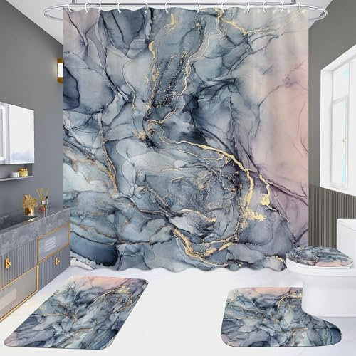Badezimmermatte Lila Marmor Bad Teppiche Set 3 Teilig,rutschfeste Bath Mat(50x80cm)+U-Typ Wasseraufnahme Badmatte+Schnelltrocknend Badezimmerteppich