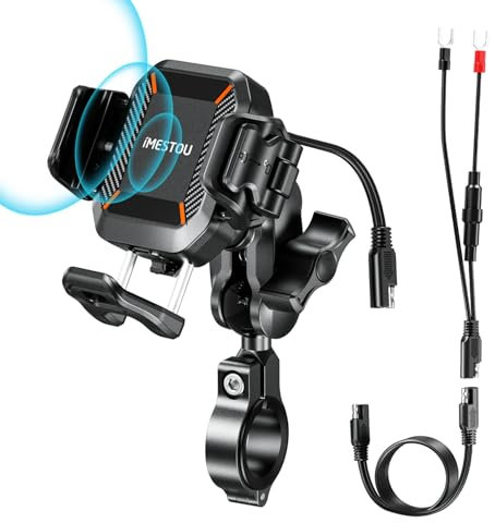 iMESTOU Kabellose USB-C Handyhalterung für Motorrad, Vibrationsdämpfend und Wasserdicht, 2,5 cm Kugel Qi Handyhalterung, Geeignet für 4,7-7,2 mit max. 15mm Dicke Handys, Passend für 22–32 mm Lenker