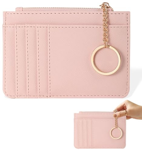 Portacarte Donna Piccolo, Portafoglio da Donna in pelle, 5 Scomparti per Carte con 1 Tasca con Cerniera, Porta Carte Minimalista Sottile da Donna, Mini Portafoglio Donna, Rosa