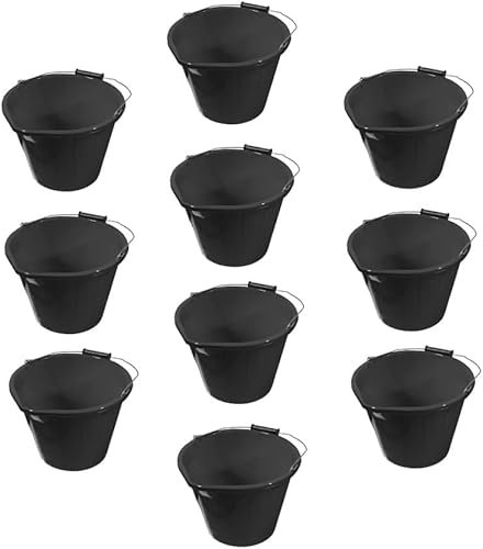 Spectraplast Set of 10 Builders Buckets – 14 Litre (3 Gallon) Black Plastic Bucket with Handle – Heavy Duty, Stackable, UK Made – For Mixing, Water, Plaster, Paint, Storage, DIY & Construction Use