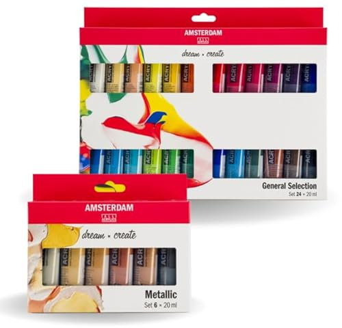 ROYAL TALENS Amsterdam Standard Series Lot de 24 peintures acryliques de 20 ml + 6 x 20 ml de couleurs métallisées