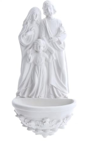 SHALOM - Acquasantiera Sacra Famiglia, in Resina Bianca. Altezza 20 Cm