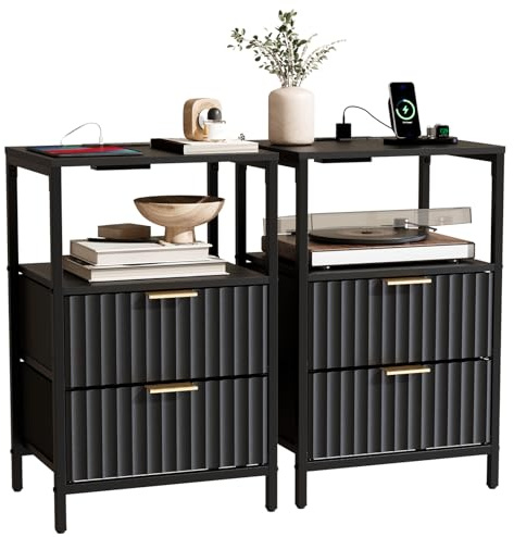 Bonnlo Set of 2 Bedside Table,Charging,Fluted Nightstand for Small Spaces | Grille Bedside Cabinet with USB, Type-C and Plug,Small End Tables with 1 Shelf,2 Fabric Drawers and Cabinet,38×30×60cm,Black