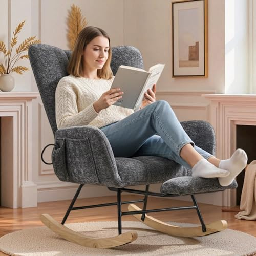 EBELLO Schaukelstuhl mit Fußstütze, Schaukelsessel mit Fußstütze, Teddystoff Gepolsterter Lesesessel Relaxstuhl Sessel mit Holzkufen mit Seitentasche Relaxstuhl für Wohnzimmer Grau