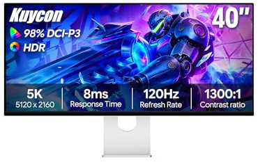 Kuycon P40K Monitor ultrawide 40 pollici 5K Minimalist con supporto | 5120x2160, 21:9, 120Hz, 10 bit 1.07B colori, USB-C 100W ricarica rapida, altoparlanti integrati
