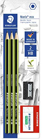 STAEDTLER Bleistift Noris eco, hohe Bruchfestigkeit, rutschfeste Soft-Oberfläche, Wopex-Material, Härtegrad HB, Blisterkarte mit 3 Stück + 1 Radierer + 1 Spitzer, 18030SBK-1