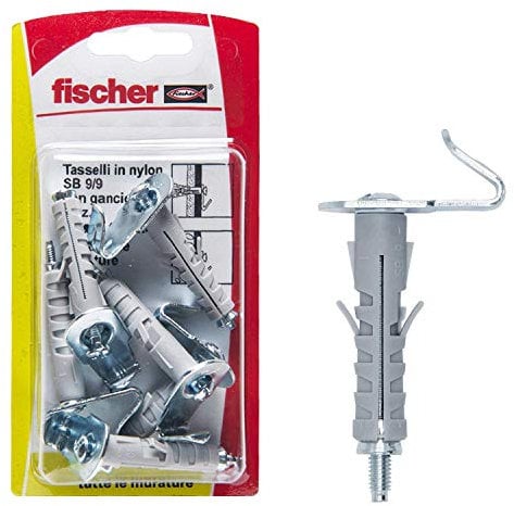 Fischer 6 Tasselli SB 9 con Gancio Piatto, Universali per il Fissaggio di Lampade, Specchi, Mobili su Muro e Cemento, 504449, grigio