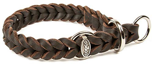 CopcoPet Hundehalsband Würger 40–45 cm x 25mm Braun – Geflochtenes Halsband mit Zugstopp & verchromtem Ring – Aus robustem Fettleder – Für mittelgroße Hunde – Weiches Lederhalsband fürs Training