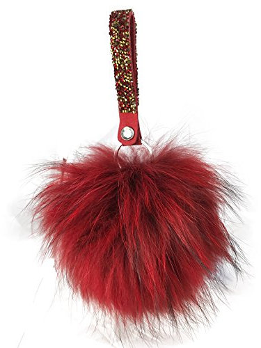 Realkontor XXL Taschenanhänger mit Strass-Stein-Band, Schlüsselanhänger Bommel Pelzbommel Pompon Pelz Fell Echtpelz (rot-schwarz)