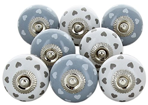 Set of 8 White Grey Hearts Ceramic Door Knobs Vintage Shabby Chic Cupboard Drawer Pull Handles by G Decor