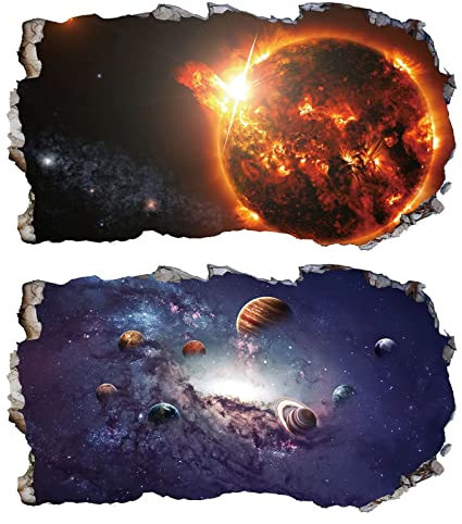 2Pcs Weltraum Erde Planeten Space Wandtattoo 3D Effekt V04 XXL Wanddurchbruch Fenster Wandaufkleber Universum Sterne für Kinderzimmer Jungenzimmer mädchenzimmer 1000 mm breit x 600 mm tief (groß)
