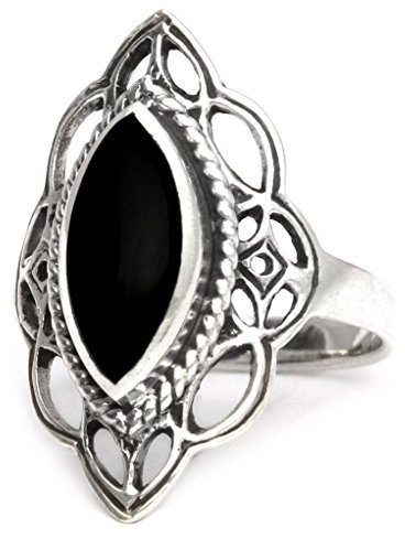 Windalf Mittelalter Ring LÚNA h: 2.2 cm Elfennacht Schwarzer Onyx Hochwertiges Silber (Silber, 64 (20.4))