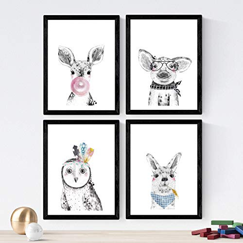 Nacnic Set von 4 Poster Tiere mit Kaugummi. Porträt Stil Wanddekoration von Tieren und Kaugummi kauen. kreativ sortierte Bilder von niedlichen Tieren. A4 Größe, rahmenlos.
