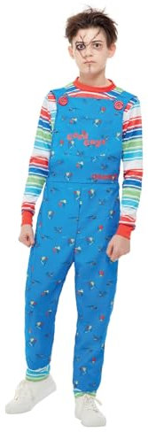Smiffys Chucky Costume in Blue for Kids, Dress and Top, Officially Licensed, Blue Dungaree Dress and Striped Top with Colour Block Cuffs, Ideal for Halloween and Matching Costumes