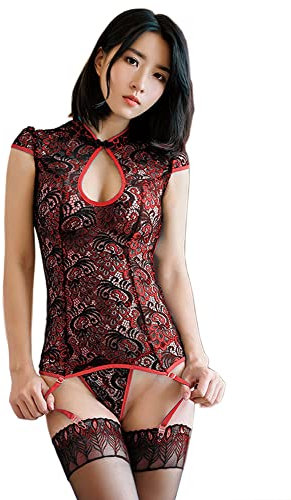 SINROYEE Erotische Unterwäsche für Damen, Pfauenelement, transparenter Pyjama, Spitze, Cheongsam-Uniform, sexy Cosplay, 7933 Rot, Einheitsgröße