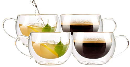 Cucina di Modena Glastassen doppelwandig: 4er-Set doppelwandige Kaffee- & Tee-Gläser (Doppelwandige Tassen mit Henkel, Gläs-Tassen als Geschenke, Doppelglas)