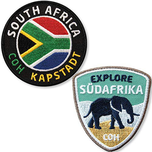 2er-Set Südafrika Aufnäher 55 x 60 mm/Reise Safari South Afrika Flagge Elefant Nashorn Wildlife/Flag Patch Aufbügler Flicken Bügelbild/Kapstadt Kap Reiseführer Buch