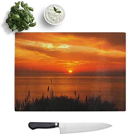 Kitchen Chopping Board Glass - Orange Sunset Over The Ocean - Textured Worktop Saver Cutting Board - Heat Resistant, Shatterproof and Hygenic - 39 x 28.5 cm