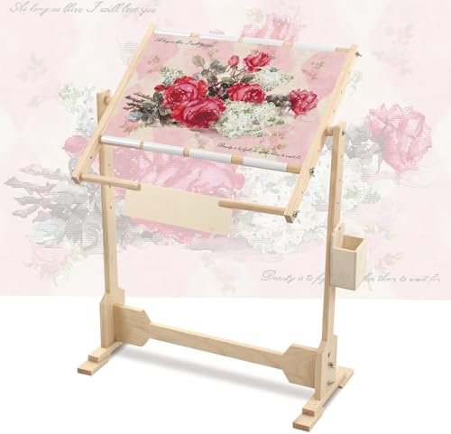 Ejoyous Verstellbarer Stickrahmen Ständer, 360° Drehbar Stickständer aus Kiefer und PVC Seidenmalerei Mit Stickrahmen für Sticken und Nadelarbeiten 110x46x80cm