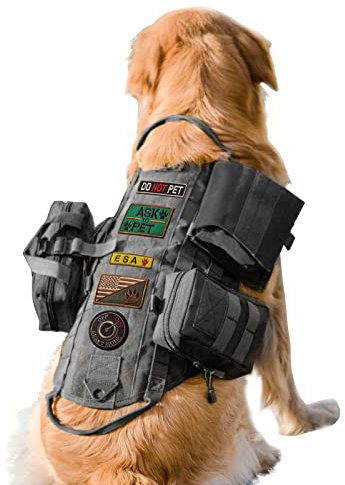 AIWAI Harnais de Chien Tactique avec Pochettes, Gilet de Chien Militaire Réglable avec Poignée pour Chiens de Taille Moyenne à Géante, Noir, Nylon 1000D, S à XL