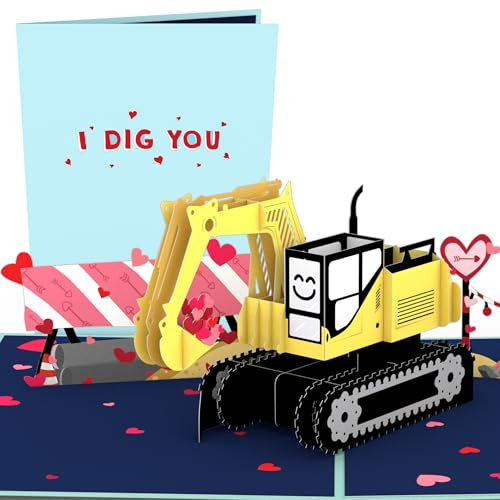 Lovepop® 3D Pop-Up Karte Bagger I Dig You süße Grußkarte für Valentinstag, Jahrestag, Geburtstag | inkl. Umschlag & Versteckfach für Geld & Gutscheine