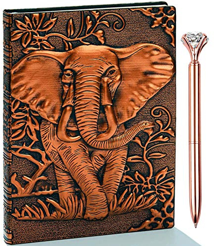 3D-geprägtes Vintage-Leder-Notizbuch mit Stift, antikes handgefertigtes Leder-Notizbuch, Reisetagebuch und Notizbücher zum Einschreiben, Geschenk für Männer und Frauen (Elefant-Rotbronze)