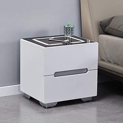 CLIPOP 2 Drawer Bedside Table with 3 Color LED Light, Nightstand with Wireless Charger and Tempered Glass Top, Smart Bedside Cabinet for Living Room Bedroom