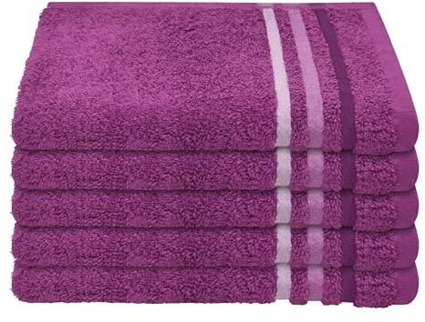 Schiesser Gästetuch | 5er Set | 100% Baumwolle | Violett | Streifenbordüre | 30x50 cm | flauschig & saugstark | sorgfältig eingenähter Kordelaufhänger | OEKO-TEX® MADE IN GREEN
