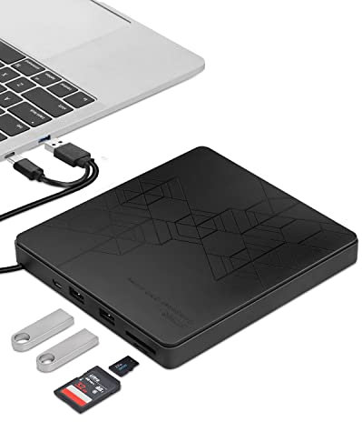 Maxesla External DVD Drive USB 3.0 Type C With SD TF Card Reader & USB-Stick Port, Super Fast Speed 8X CD 24X Burner for Windows 11 Laptop Desktop PC Mac