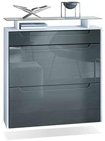 Vladon Schuhschrank Annie, Schuhkipper für 16 Paar Schuhe mit 2 Klappen, 1 Schublade und Glasablage, Weiß matt/Grau Hochglanz, Griffmulden in Grau Hochglanz (89 x 96 x 23 cm)