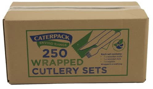 Caterpack Enviro Range Wrapped Cutlery Sets, Made from Sustainably Sourced Birchwood, Compostable and Biodegradable, Each Set Contains Knife, Fork and Napkin, 250 Pack