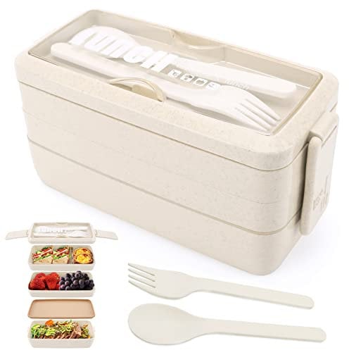 Yirochan 3 Layer Lunch Box Bento Box for Adults, 4-in-1 Meal Prep Container with Fork & Spoon, 1000ml Food Storage Box for Men Women Student School Office, Microwave Dishwasher Safe Available (Beige)