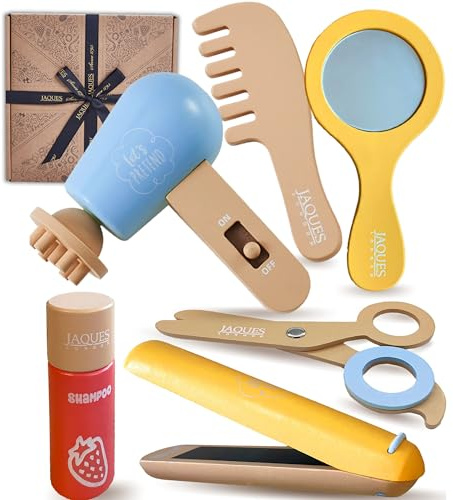 Jaques of London Kids hairdressing set | Wooden toys hairdressing kit for kids | Includes scissors, toy hair dryer and straighteners | Beauty salon pretend play set | Since 1795