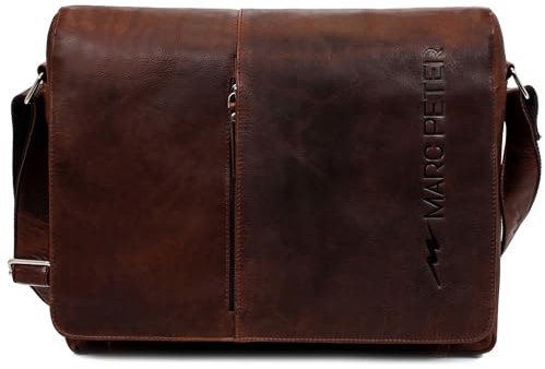 Marc Peter® Bergen leder Umhängetasche für Herren Damen | 15.6 Zoll Laptoptasche | Aktentasche aus echtem Büffelleder Waxy Braun