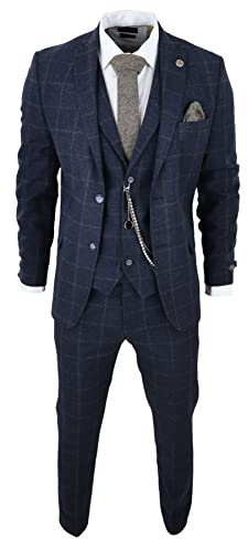 Men's 3 Piece Suit Wool Tweed Navy Blue Brown Check 1920s Gatsby Formal Dress Suits - Navy 50
