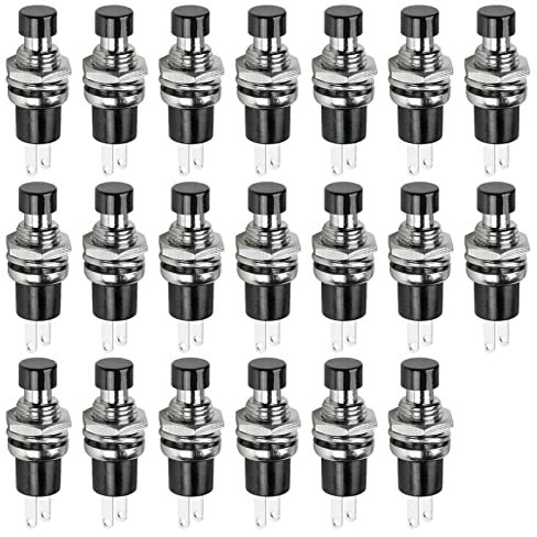 Ampper Mini Interrupteurs Boutons poussoirs momentanés, 2 Pin on Off 1A 250V AC 7MM Round SPST Normal Open Momentary Pushbutton Switches (Black, Pack of 20)