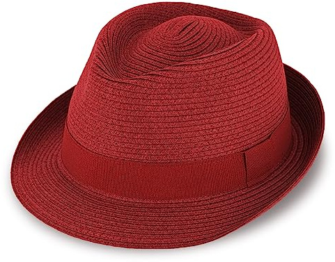 fiebig Jackson Trilby Papierhut mit farbigem Ripsband | Sonnenhut aus 100% Papier | Natur Sommerhut (61-XL, Rot)