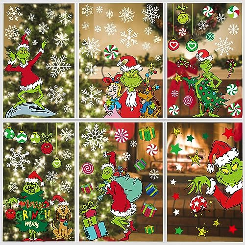 Boroner Weihnachts-Fensteraufkleber – 9 Bögen mit Elfengesichtern, Schneeflocke, Geschenkbox & mehr, doppelseitig, statisch, für Glas, Metall, wiederverwendbar, grün, Cartoon-Muster