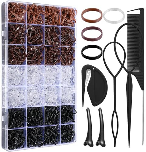 1500 Pcs Elastic Hair Bands 4 Natural Color Rubber Bands for Hair Elastic Hair Ties with Organizer Box, 3 Hair Tail Tools, 2 Hair Clips and 1 Rubber Band Cutter for Hair Baby Toddlers Girls