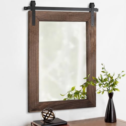 AAZZKANG Rustic Large Wood Mirror Barn Door Wall Mirrors 75x55cm with Frame for Bedroom Living Room Bathroom Hallway