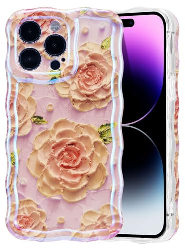 EYZUTAK Case for iPhone 15 Pro Max, Colorful Retro Oil Painting Flower Laser Glossy Pattern Cute Curly Waves Edge Exquisite Phone Cover Stylish Durable TPU Protective Case for Girls Women - Pink Peony