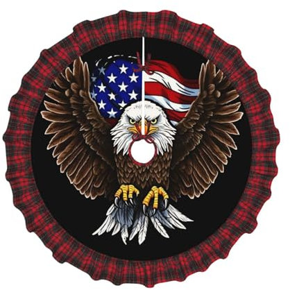 USA Flagge Patriotischer Adler gedruckt Weihnachtsbaum Rock Schnürung Büffel Plaid Weihnachtsbaum Matte Weihnachtsbaum Teppich Halloween Baum Abdeckung für rustikale Weihnachtsbaum Urlaub Dekorationen