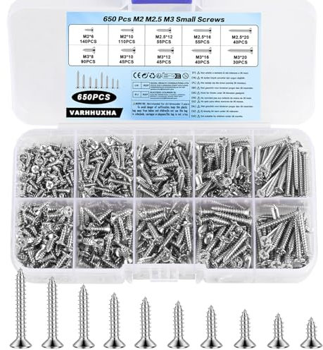650 Pcs M2 M2.5 M3 Small Screws for Wood, Self Tapping Cross Flat Head Screw, Assorted Screws Pack Set, for Decking Chipboard Drywall Concrete