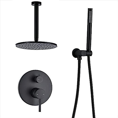 Juego de Ducha de latón Negro, Grifo de baño, Brazo de Ducha, Mezclador desviador, Juegos de rociadores de Mano con Cabezal de Ducha Tipo Lluvia, Techo de 10 Pulgadas, Techo de 16 Pulgadas, Ducha