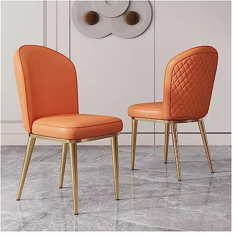 Sillas de comedor de cuero vintage de mediados de siglo con patas de metal doradas, sillas de salón de cocina retro naranja para sala de estar