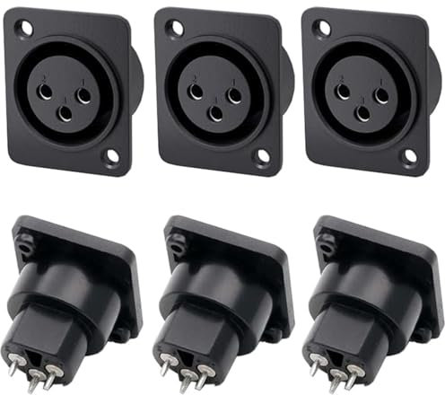 VISSQH 6 Pièces Prise XLR femelle,XLR 3 broches Connecteurs Connecteur XLR de Soudure prise audio microphone, XLR montage sur panneau prise de câble micro pour microphone haut-parleur etc (noir)