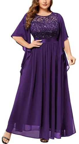 MISSMAY Women's Plus Size Elegant Butterfly Sleeve Chiffon Sequin Lace Bodice Evening Party Long Dress (1XL, Purple)