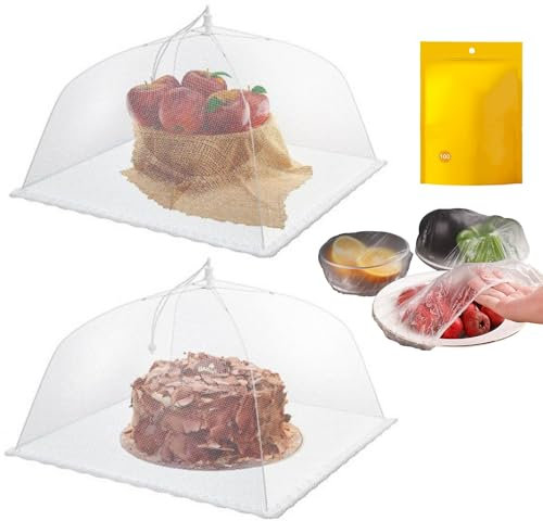 Tokaneit Couverture de Gâteau Protection Contre Les Mouches, Moustiquaire de Table pour Aliments, 2 Pièces Couverture Pliable Couverture Alimentaire avec 50 Film Alimentaire Elastique pour Nourriture